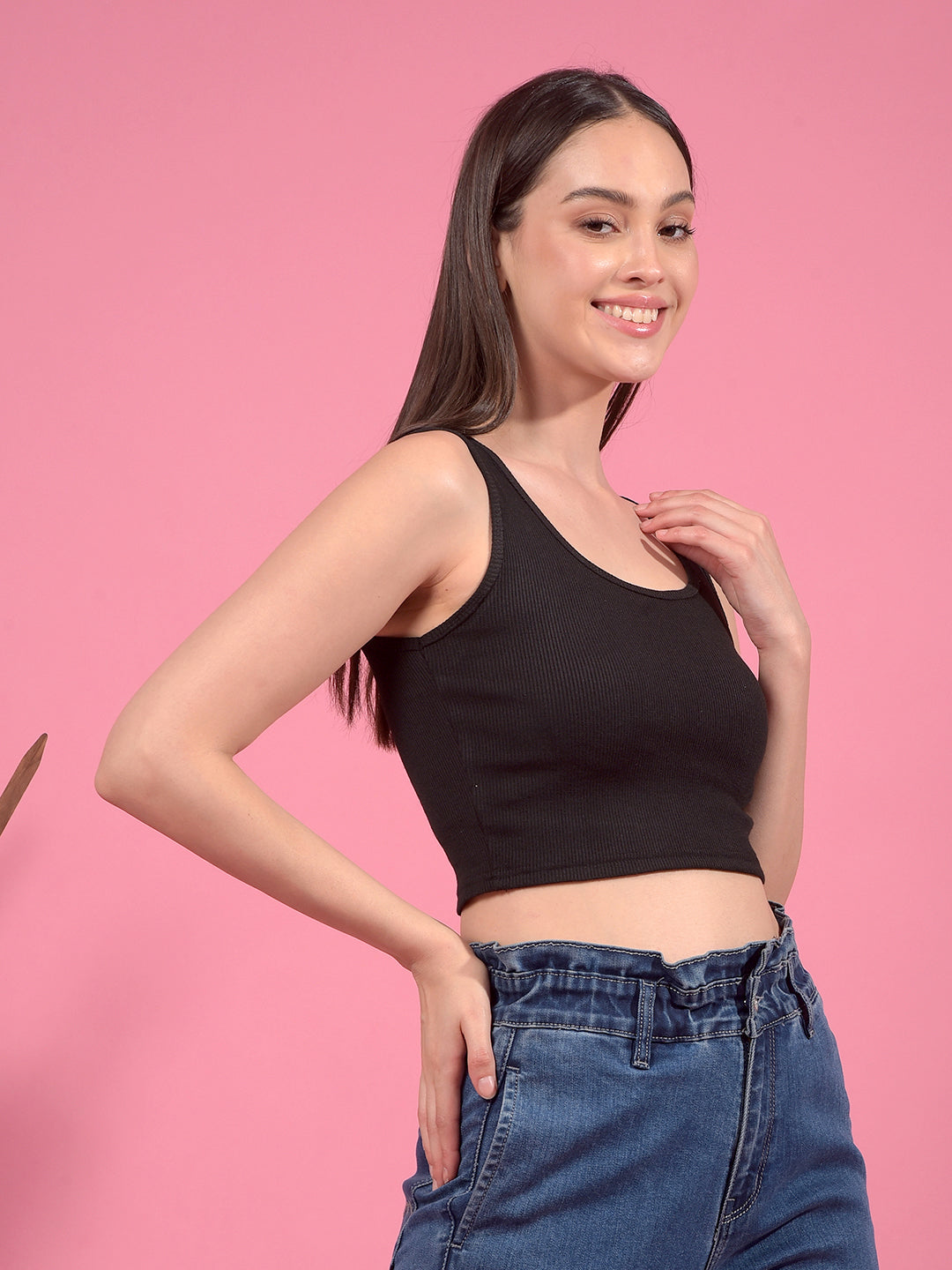 Kex Women Lycra Sleeveless Solid Black Crop Top Round Neck