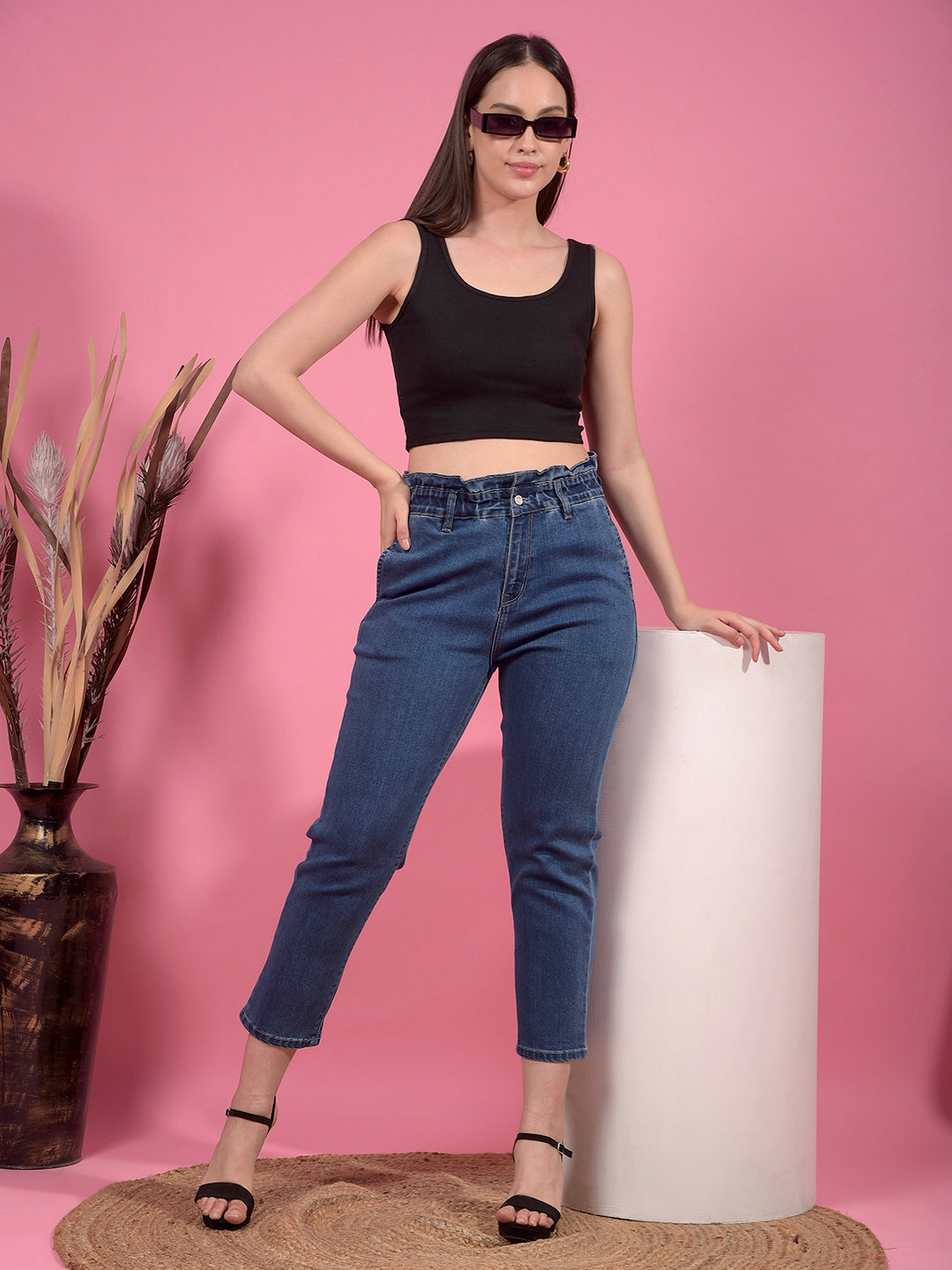 Kex Women Lycra Sleeveless Solid Black Crop Top Round Neck