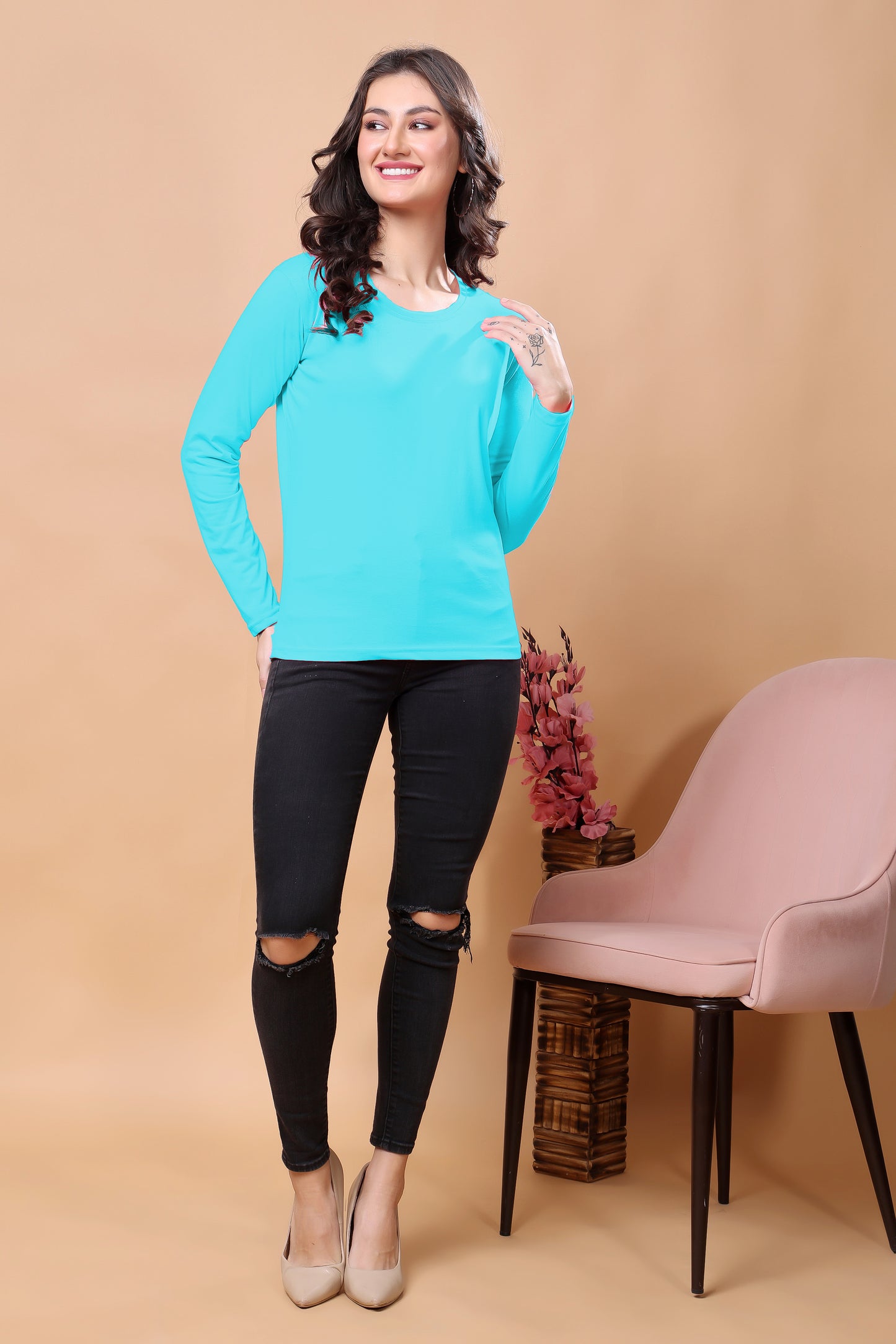 Kex Women Cotton Sky Blue Solid Tshirt