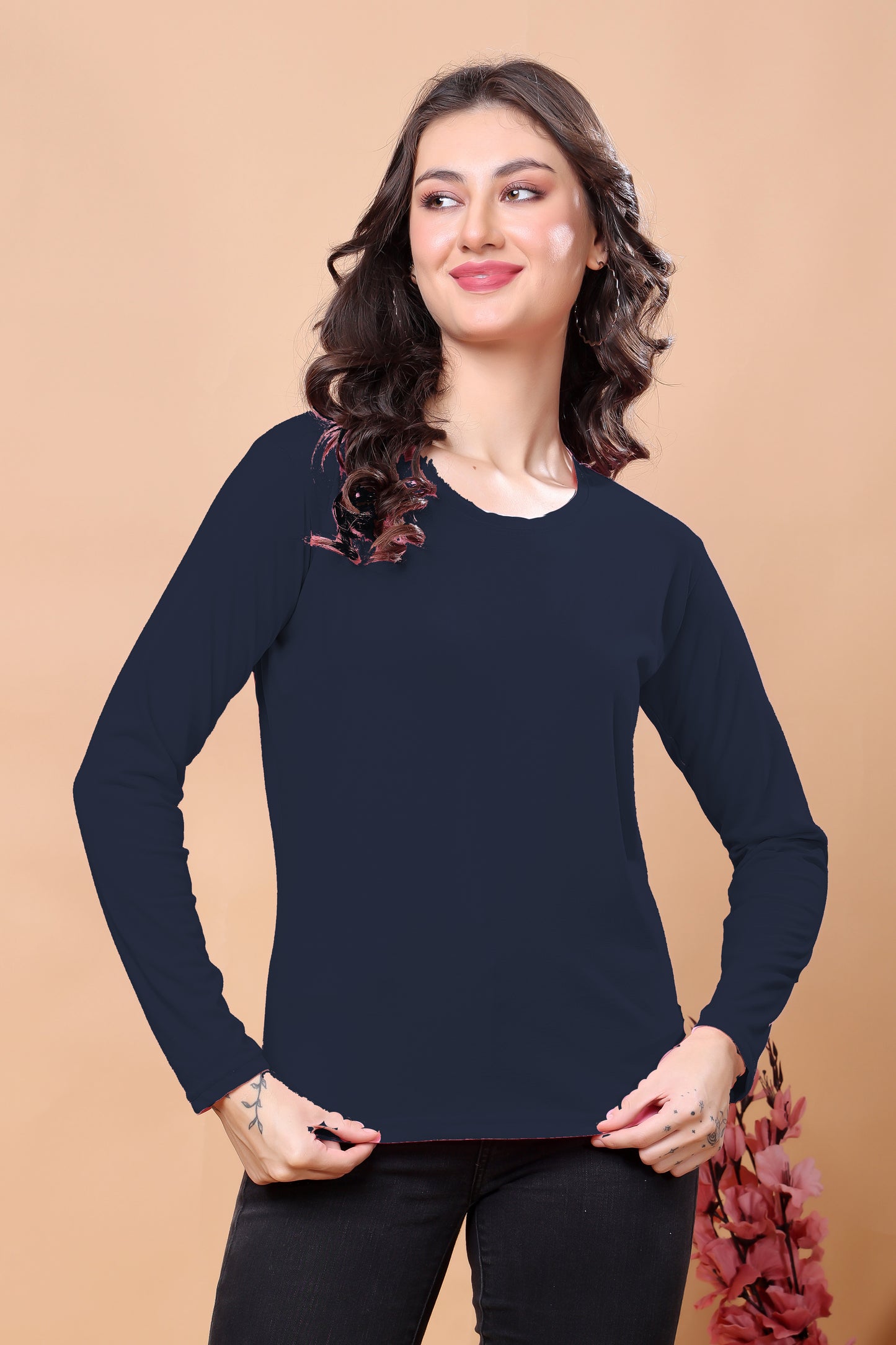 Kex Women Cotton Navy Blue Solid Tshirt