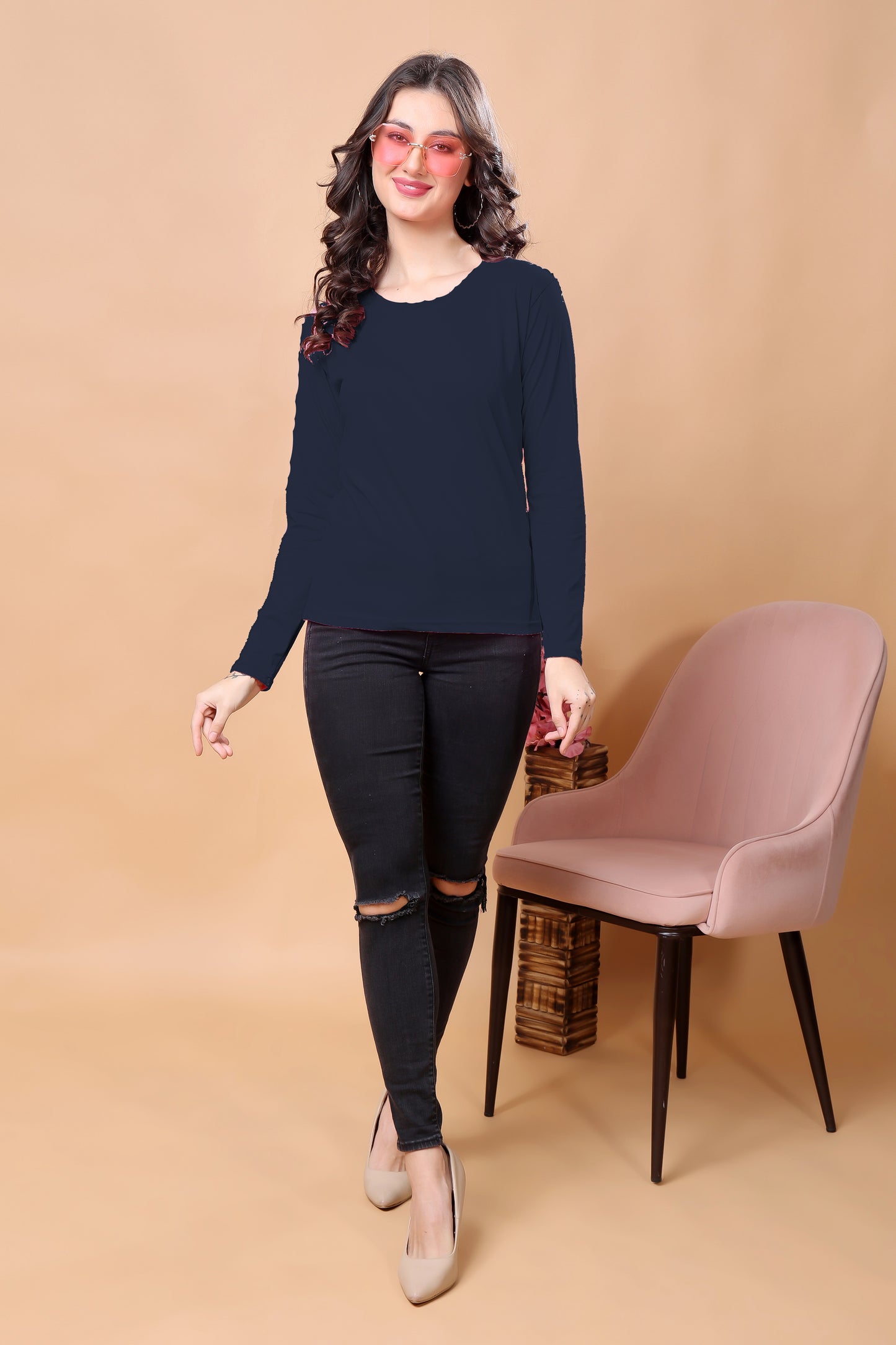 Kex Women Cotton Navy Blue Solid Tshirt