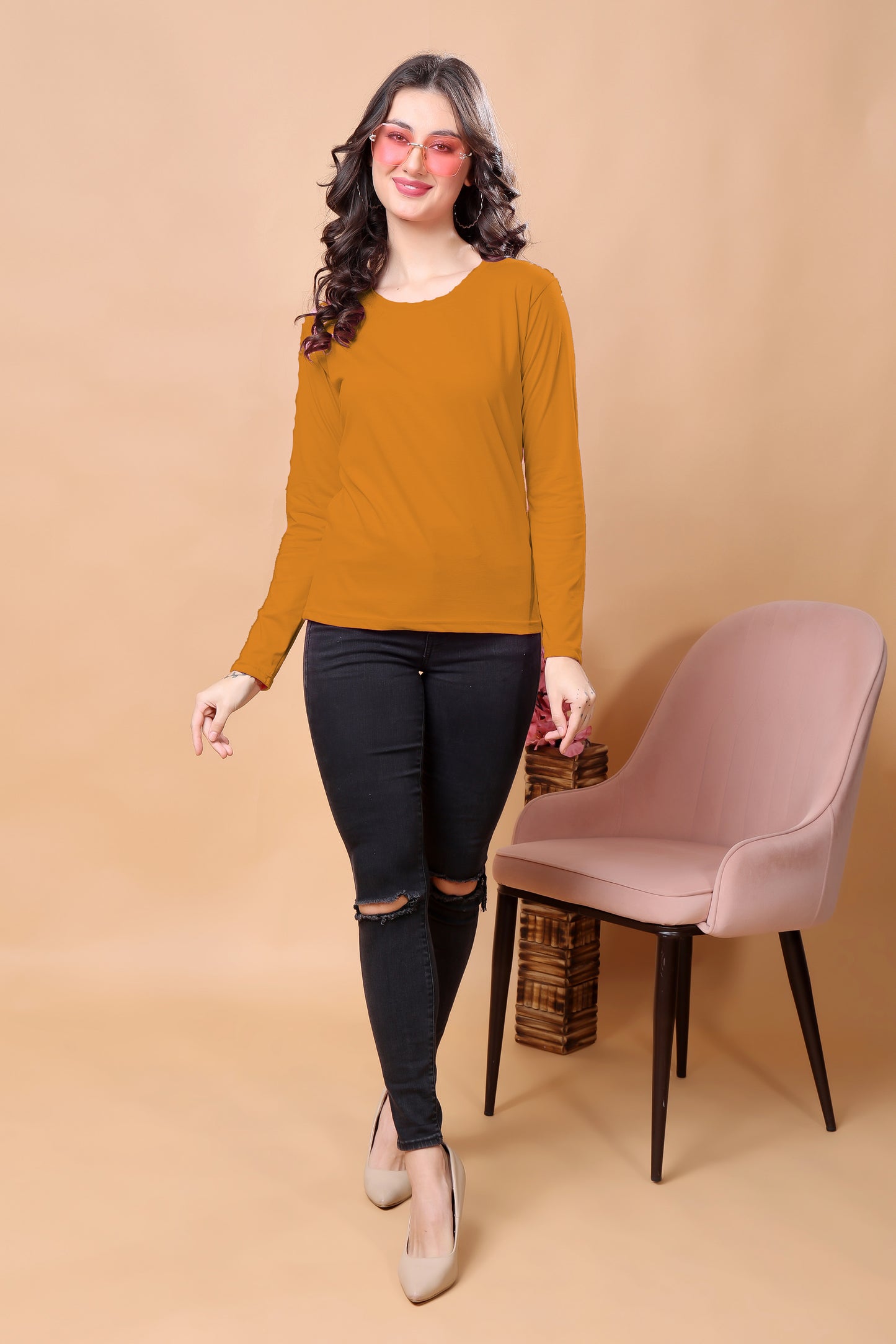 Kex Women Cotton Mustard Solid Tshirt