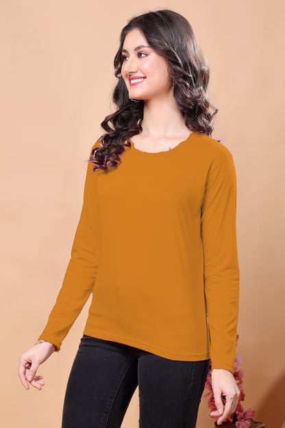 Kex Women Cotton Mustard Solid Tshirt