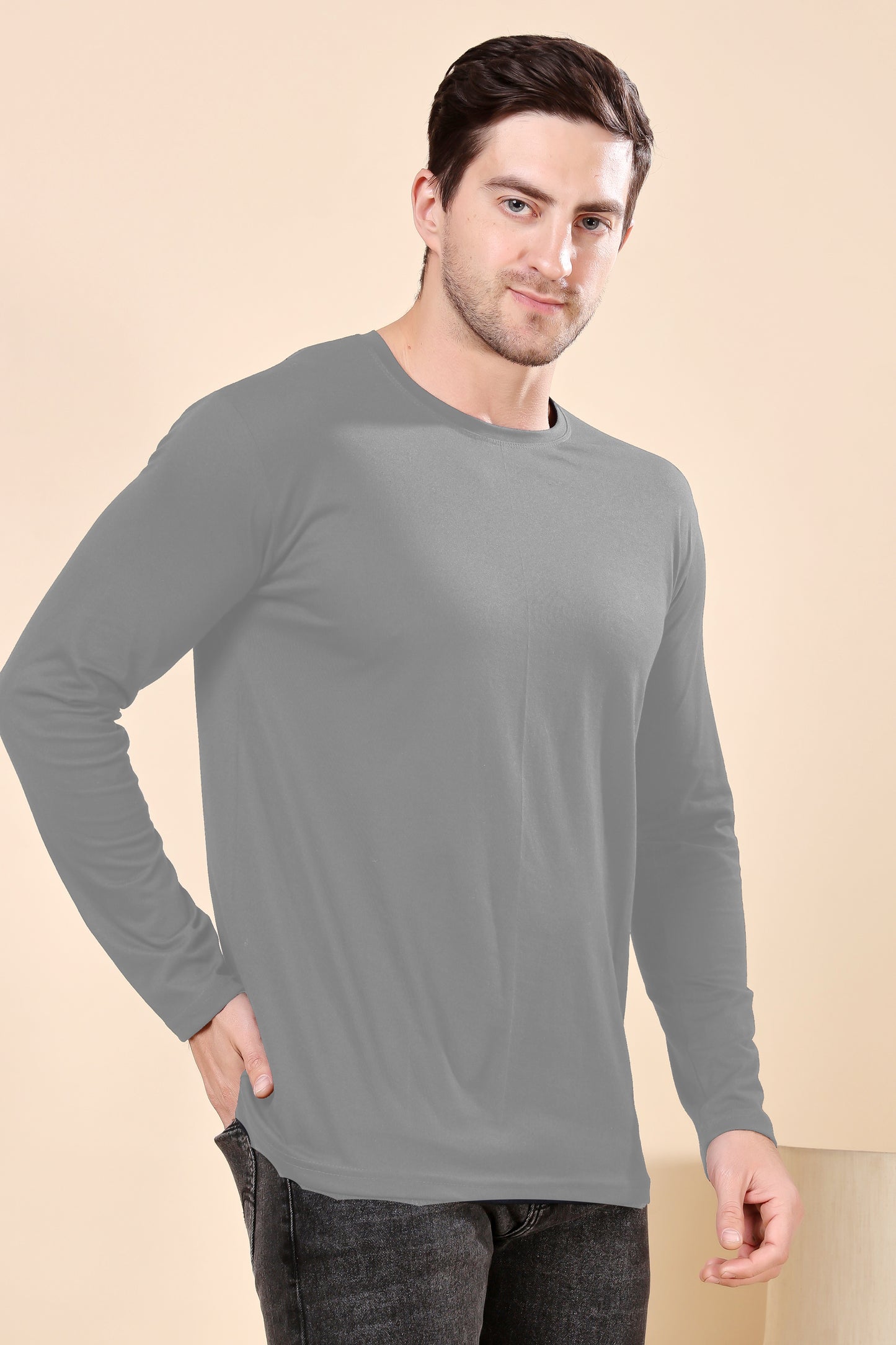 Kex Men Cotton Full Sleeve Solid Grey Tshirt