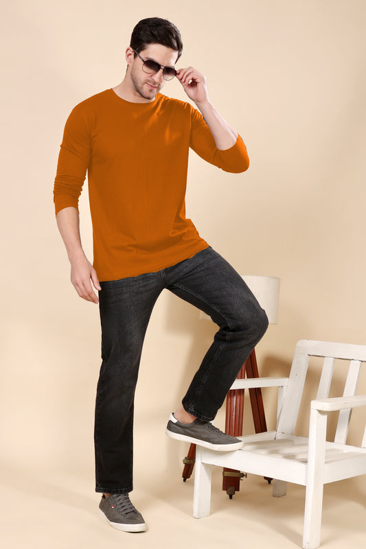 Kex Men Cotton Full Sleeve Solid Mustard Tshirt