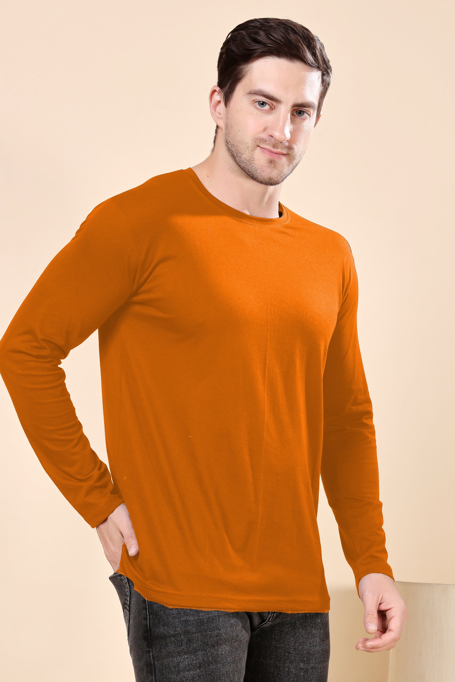 Kex Men Cotton Full Sleeve Solid Mustard Tshirt