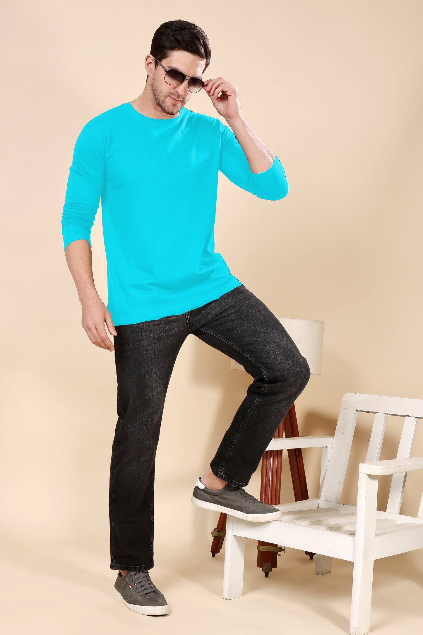 Kex Men Cotton Full Sleeve Solid Sky Blue Tshirt