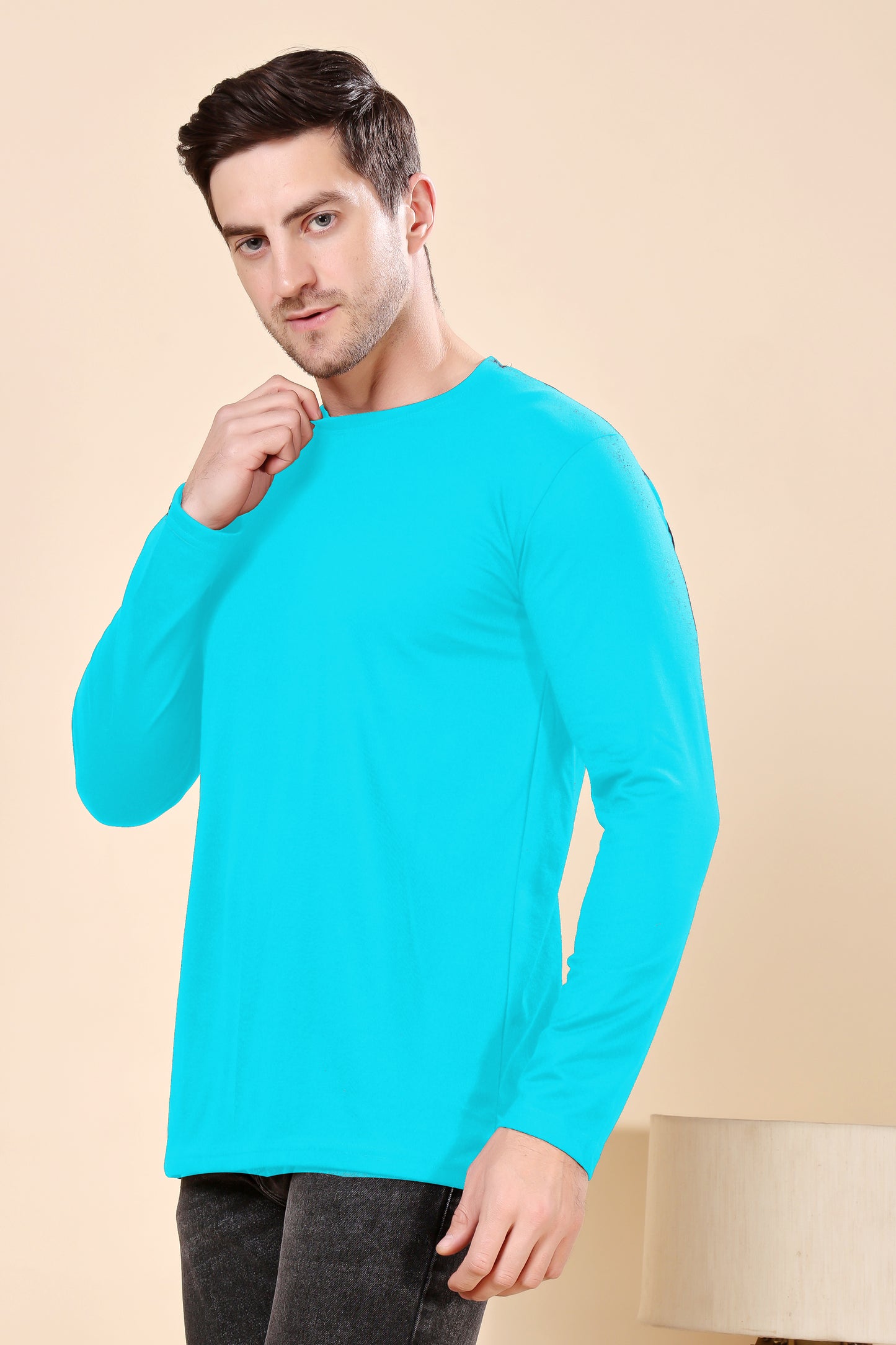 Kex Men Cotton Full Sleeve Solid Sky Blue Tshirt