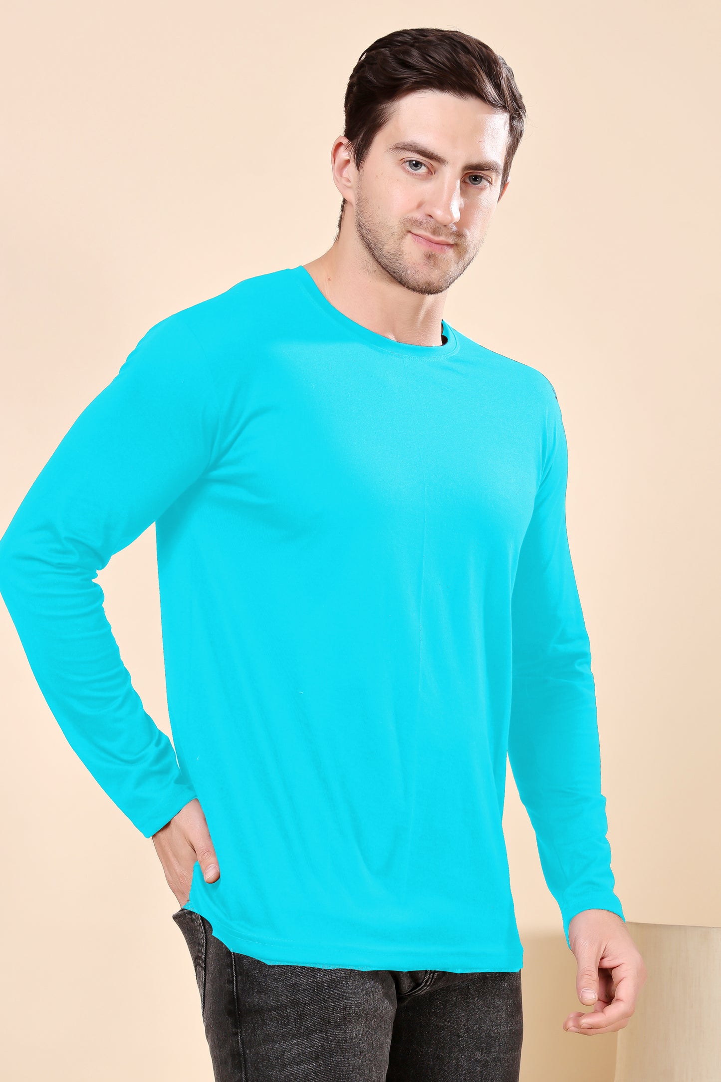 Kex Men Cotton Full Sleeve Solid Sky Blue Tshirt