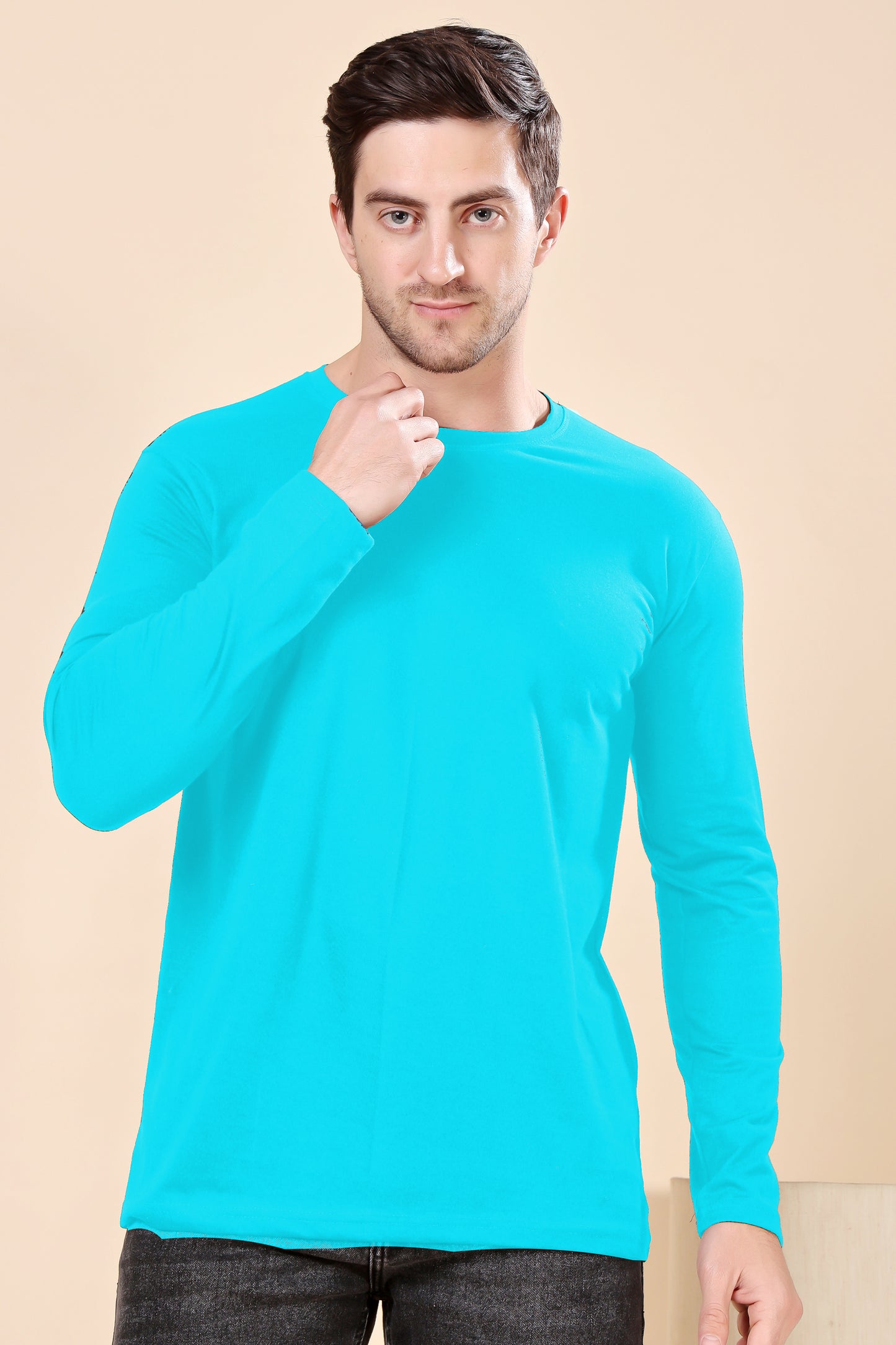 Kex Men Cotton Full Sleeve Solid Sky Blue Tshirt