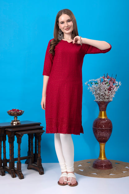 Kex Women Chikan Kurti Maroon and Solid White Churidar legging