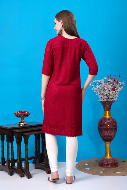 Kex Women Chikan Kurti Maroon and Solid White Churidar legging