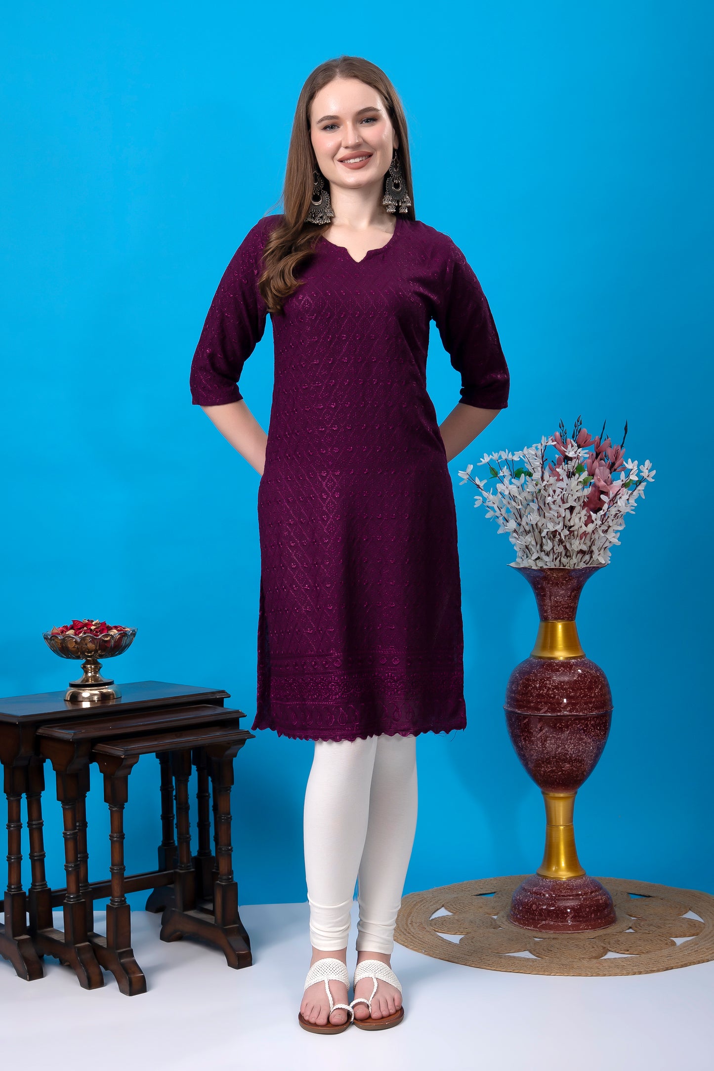 Kex Women Chikan Kurti Wine and Solid White Churidar legging