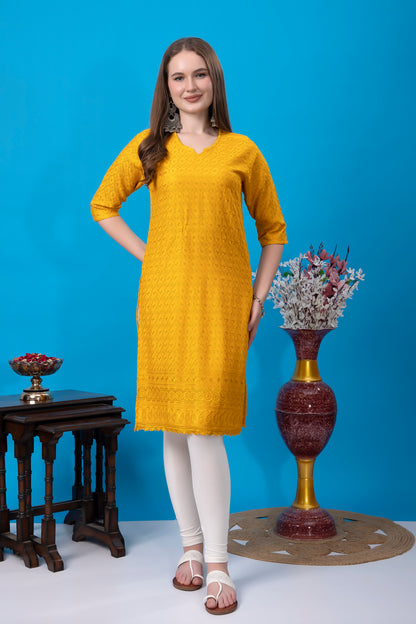 Kex Women Chikan Kurti Yellow and Solid White Churidar legging