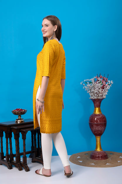 Kex Women Chikan Kurti Yellow and Solid White Churidar legging