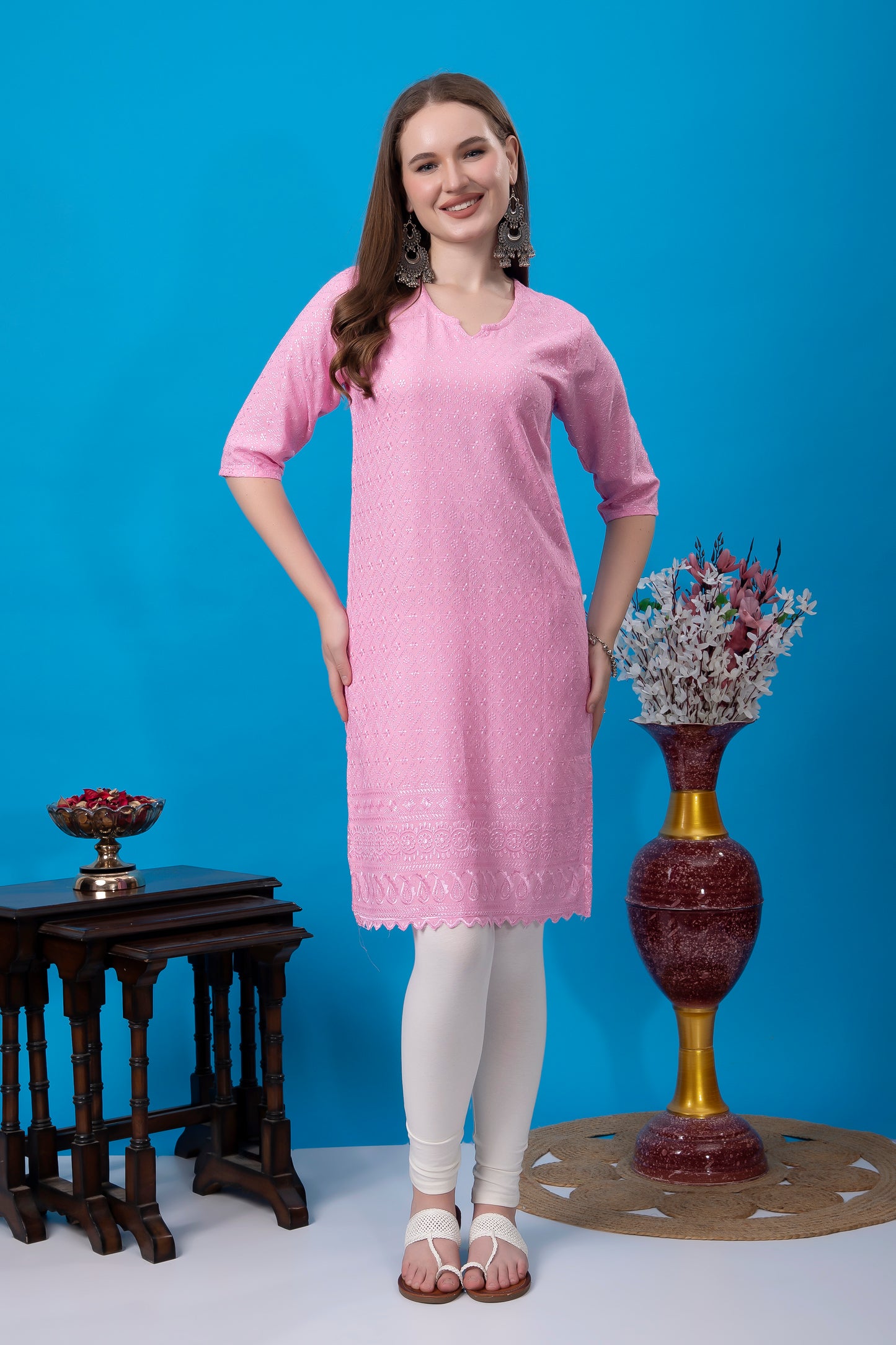 Kex Women Chikan Kurti Pink and Solid White Churidar legging