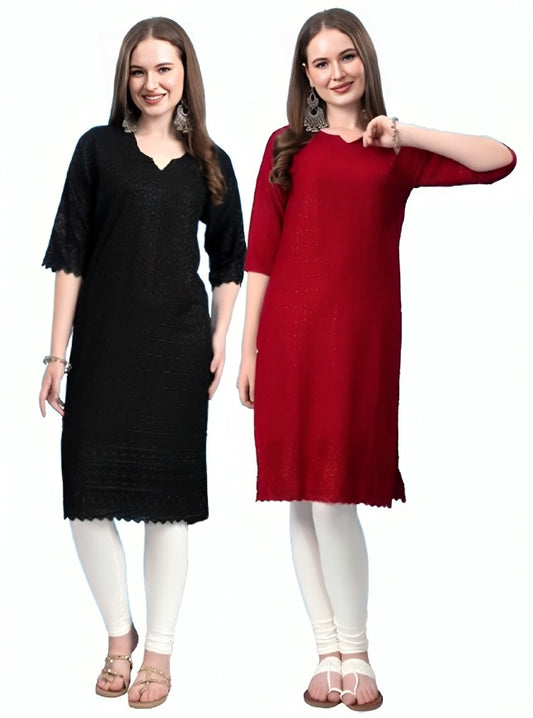 Kex Women Chikan Embroidered Kurti Black & Maroon Pack of 2