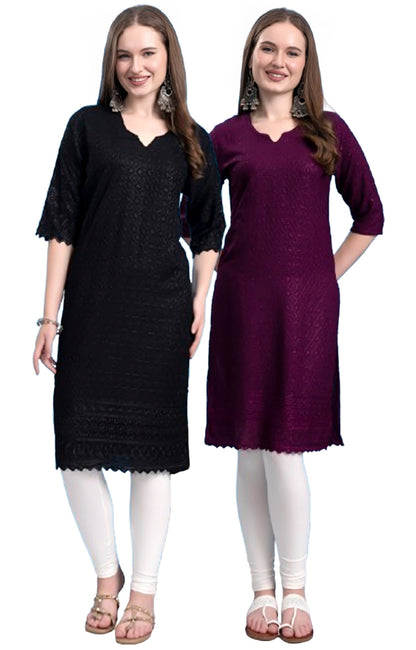 Kex Women Chikan Embroidered Kurti Black & Wine Pack of 2