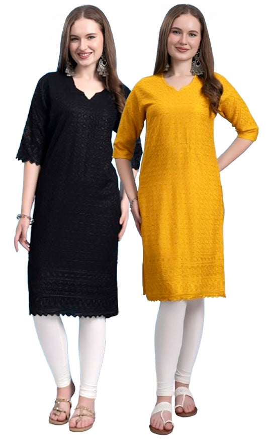 Kex Women Chikan Embroidered Kurti Black & Yellow Pack of 2