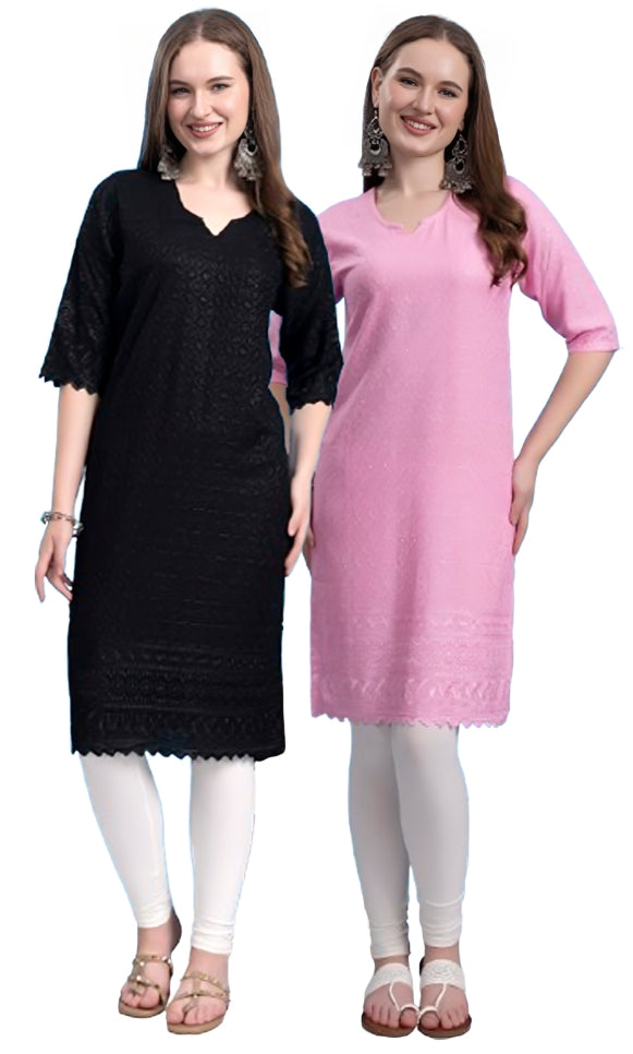 Kex Women Chikan Embroidered Kurti Black & Pink Pack of 2