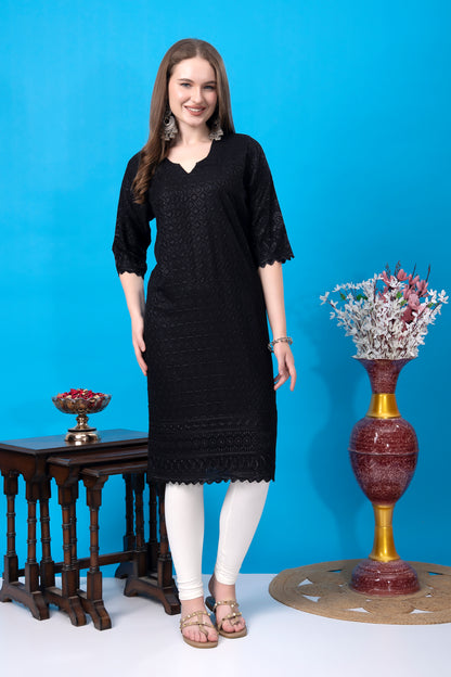 Kex Women Chikan Kurti Black & Solid Pant