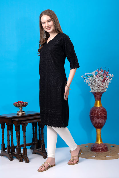 Kex Women Chikan Embroidered Regular Rayon Kurti Black