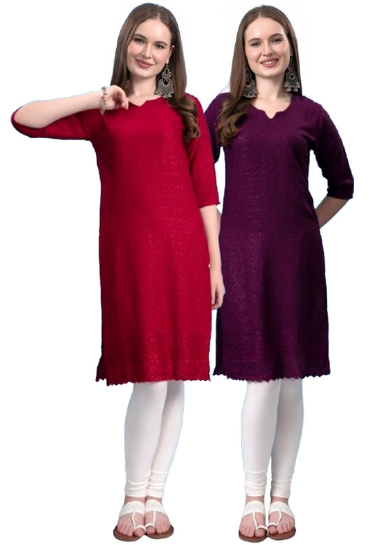 Kex Women Chikan Embroidered Kurti Maroon & Wine Pack of 2