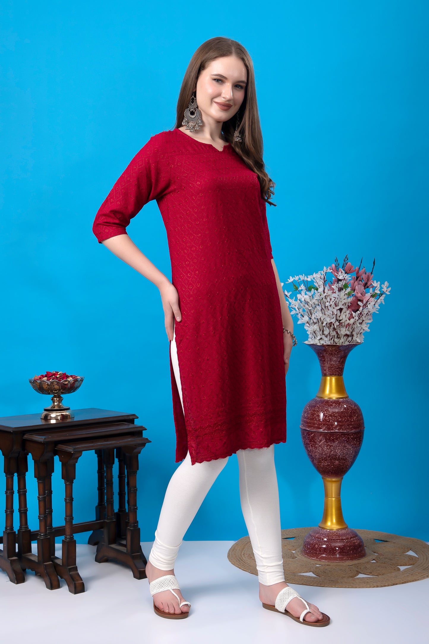 Kex Women Chikan Kurti Maroon & Solid White Pant