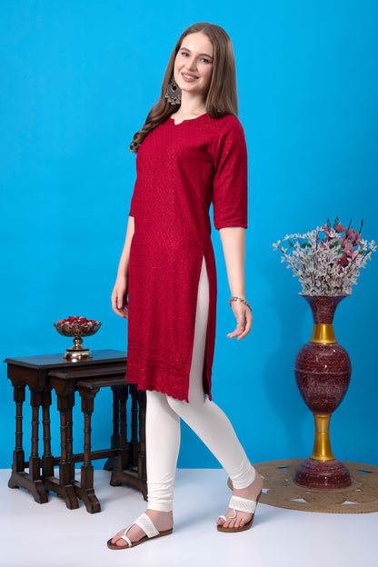 Kex Women Chikan Embroidered Regular Rayon Kurti Maroon