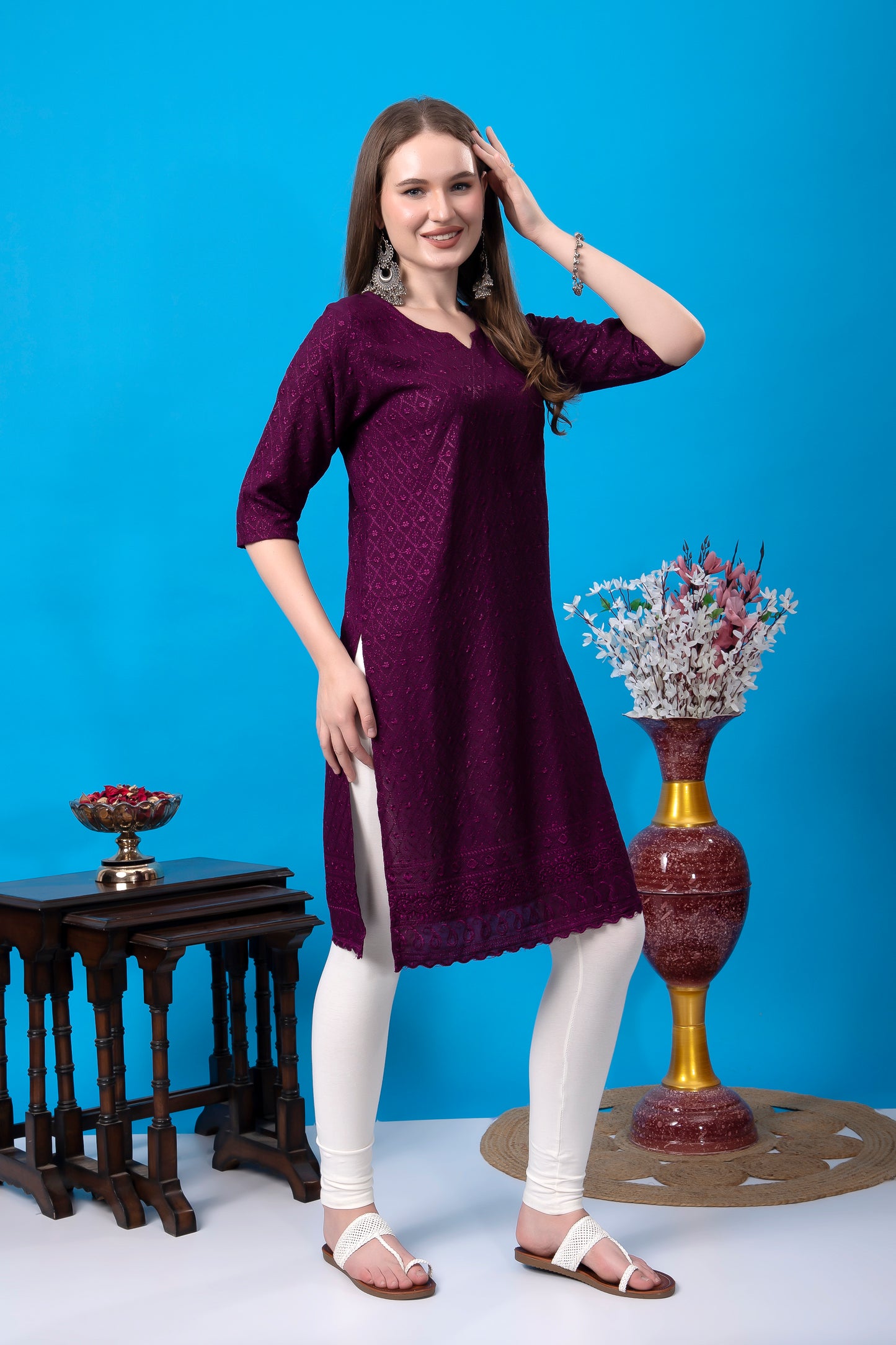 Kex Women Chikan Kurti Wine & Solid White Pant