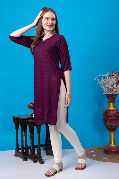 Kex Women Chikan Embroidered Regular Rayon Kurti Wine