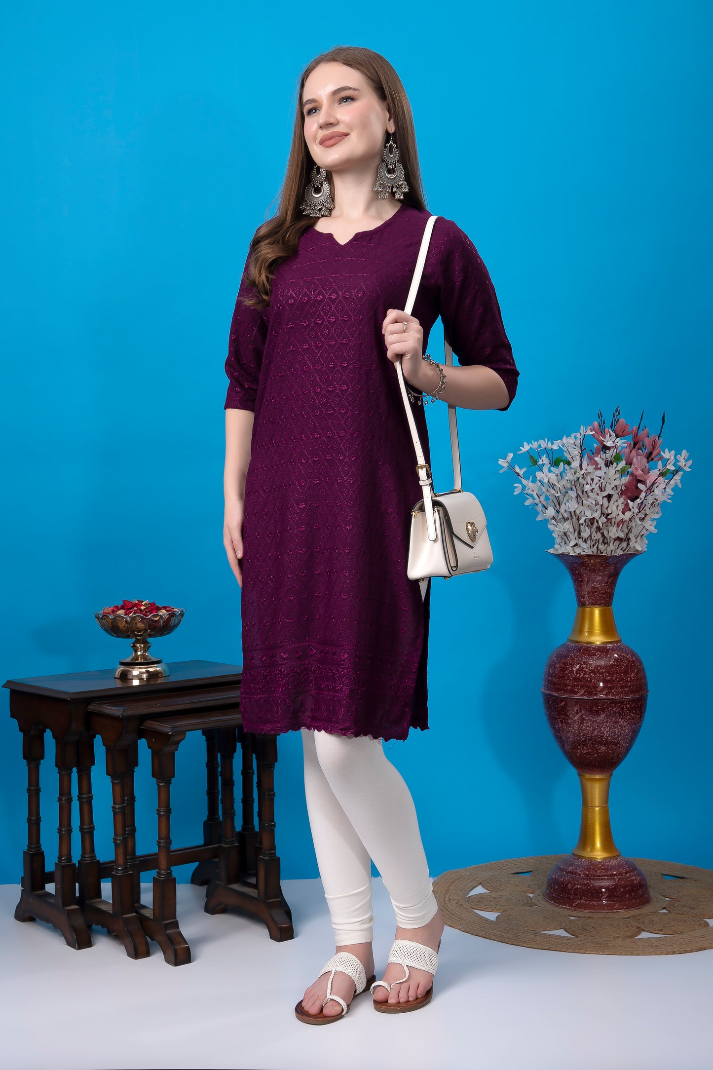 Kex Women Chikan Embroidered Regular Rayon Kurti Wine