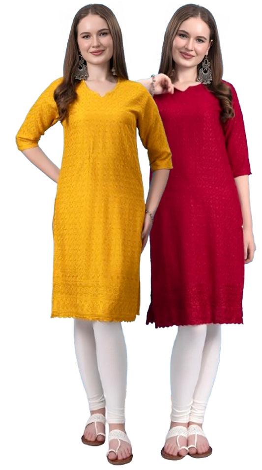 Kex Women Chikan Embroidered Kurti Yellow & Maroon Pack of 2