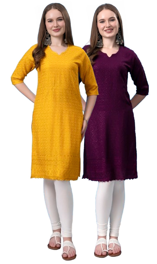 Kex Women Chikan Embroidered Kurti Yellow & Wine Pack of 2