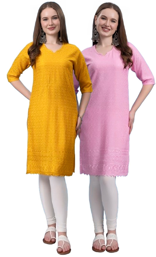 Kex Women Chikan Embroidered Kurti Yellow & Pink Pack of 2