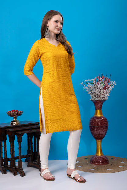 Kex Women Chikan Kurti Yellow & Solid White Pant