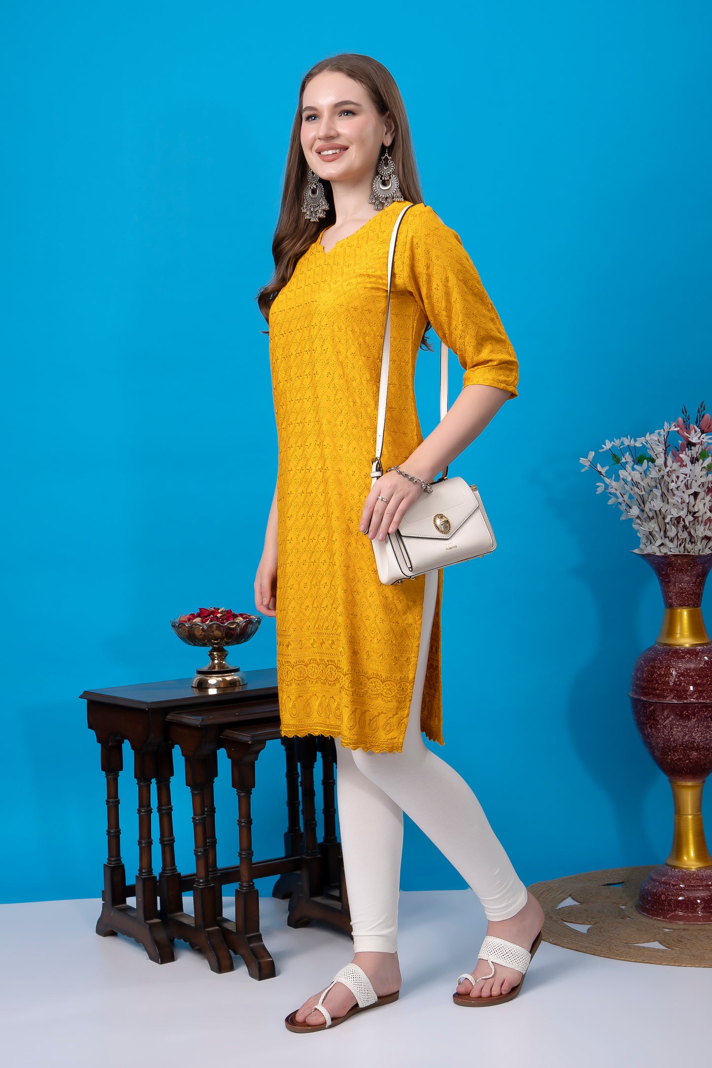 Kex Women Chikan Embroidered Regular Rayon Kurti Yellow