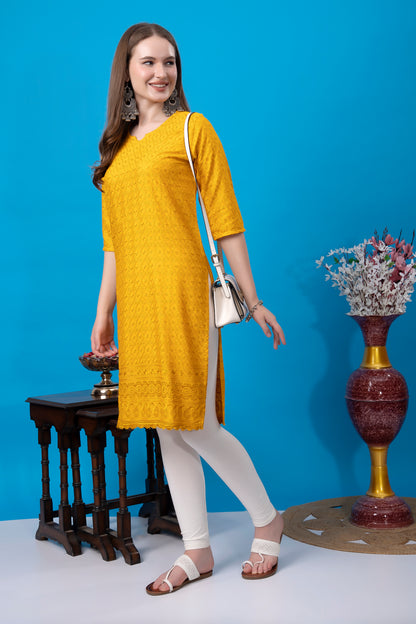 Kex Women Chikan Embroidered Regular Rayon Kurti Yellow