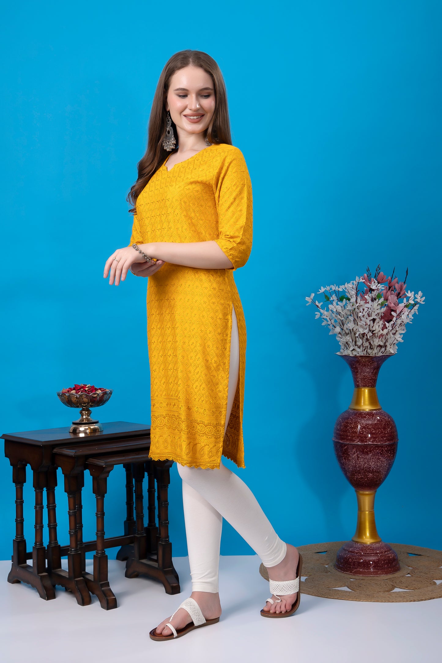 Kex Women Chikan Embroidered Regular Rayon Kurti Yellow