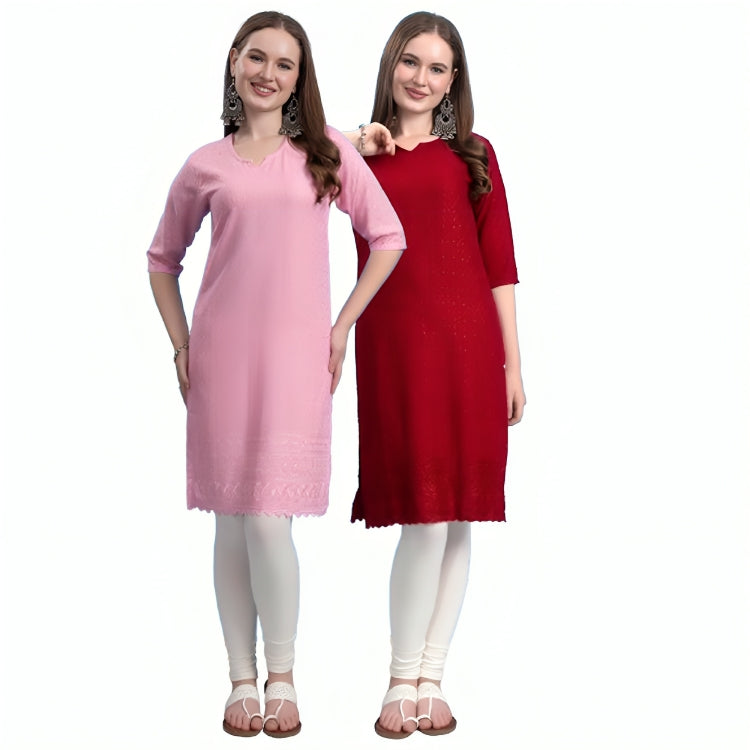 Kex Women Chikan Embroidered Kurti Pink & Maroon Pack of 2