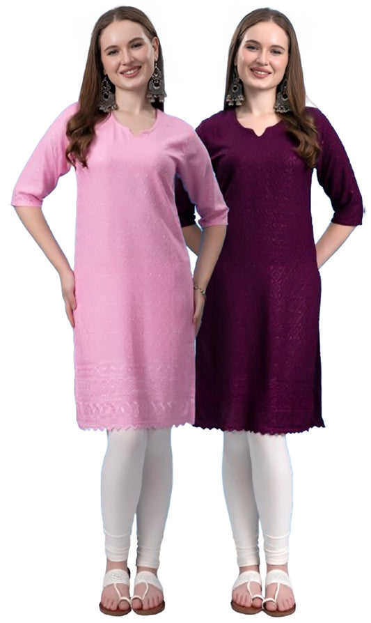 Kex Women Chikan Embroidered Kurti Pink & Wine Pack of 2