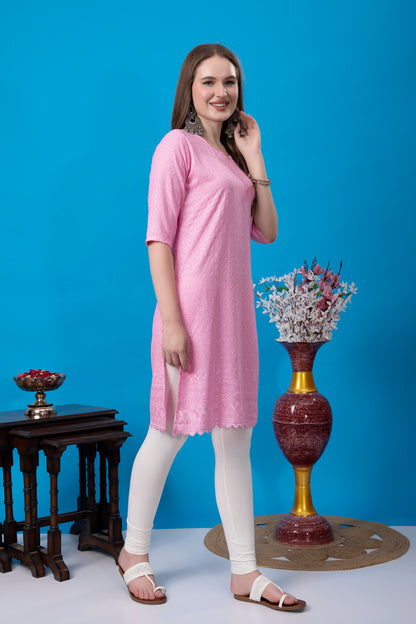 Kex Women Chikan Kurti Pink and Solid White Pant