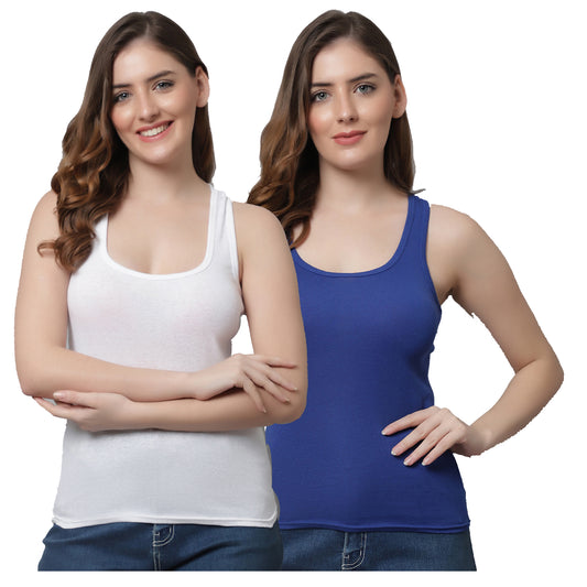 Kex Women Lock Neck Tank Top White & Blue Pack of 2