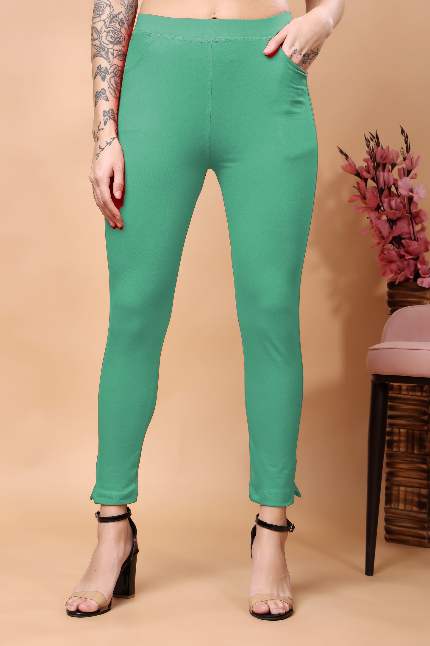 Kex Women Ankle Length Pocket Cotton Lycra Legging Sea Green