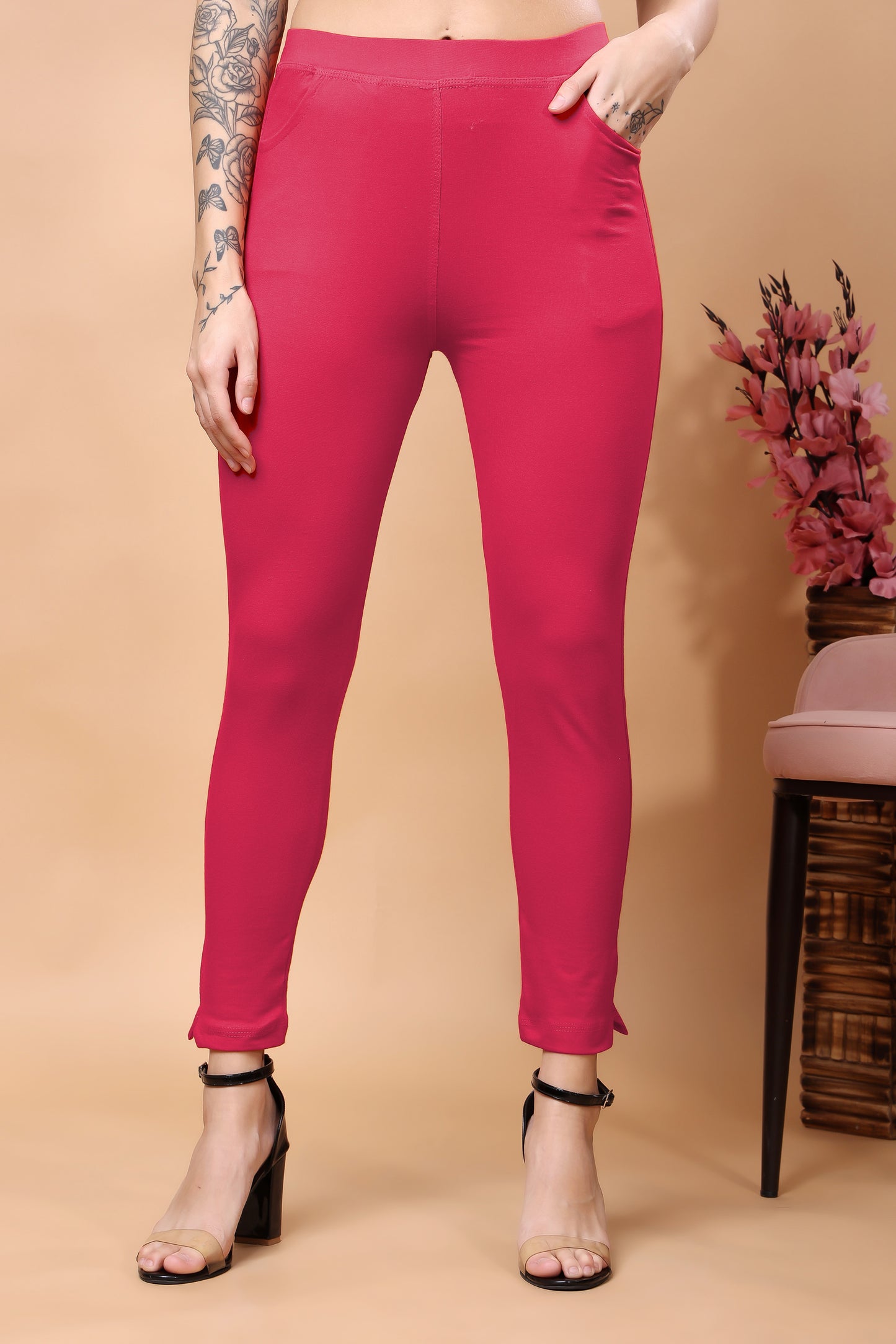 Kex Women Ankle Length Pocket Cotton Lycra Legging Dark Pink