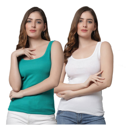 Kex Women Round Neck Tank Top Sea Green & White Pack of 2