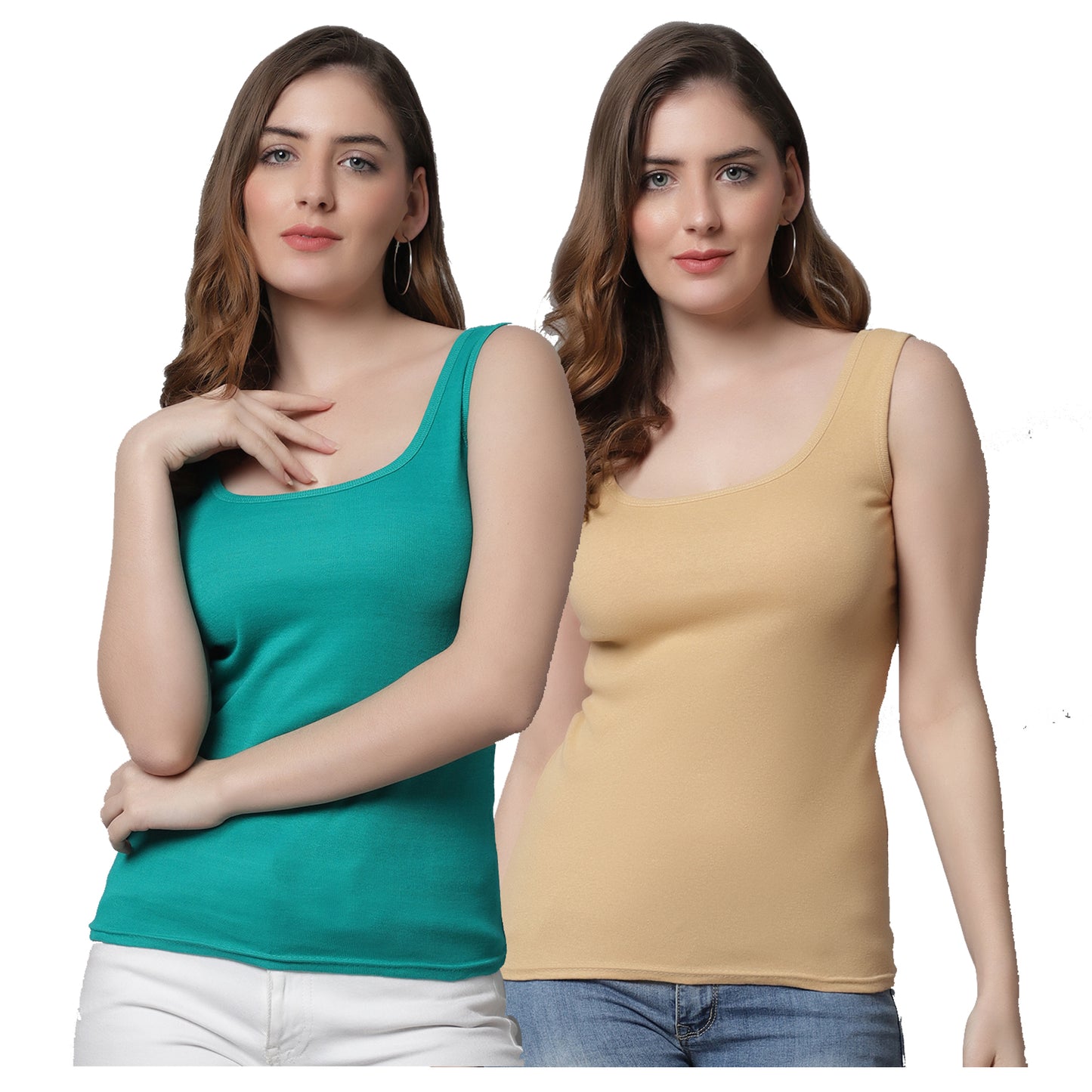 Kex Women Round Neck Tank Top Sea Green & Beige Pack of 2