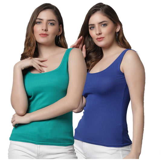 Kex Women Round Neck Tank Top Sea Green & Blue Pack of 2