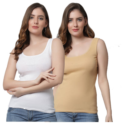 Kex Women Round Neck Tank Top White & Beige Pack of 2