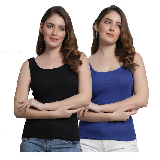 Kex Women Round Neck Tank Top Black & Blue Pack of 2